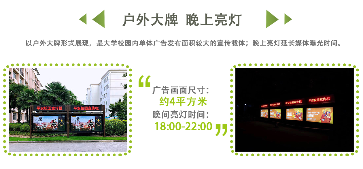 以戶外大牌形式展現(xiàn)，是大學校園內(nèi)單體廣告發(fā)布面積較大的宣傳載體；晚上亮燈延長媒體曝光時間。